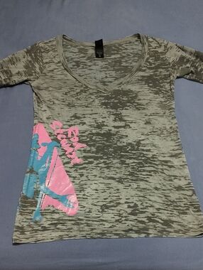 Alternative Grey Burnout V-Neck Tee with Pink & Blue Graphic